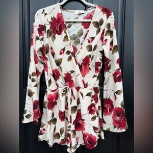 Floral Wrap Romper with Red Roses